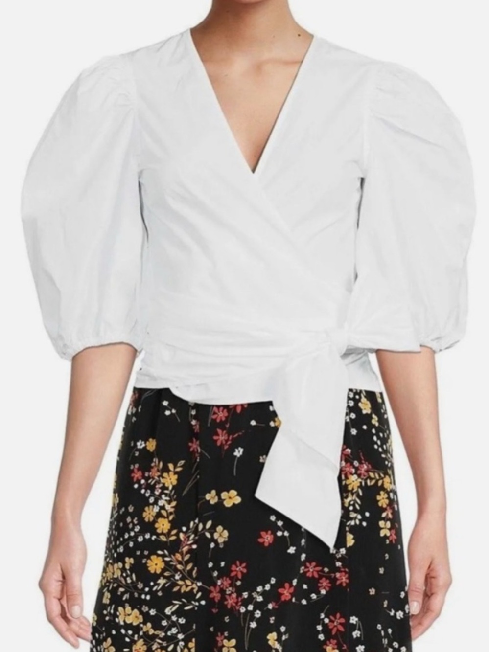 Wrap V-Neck Puff Sleeve Top - White